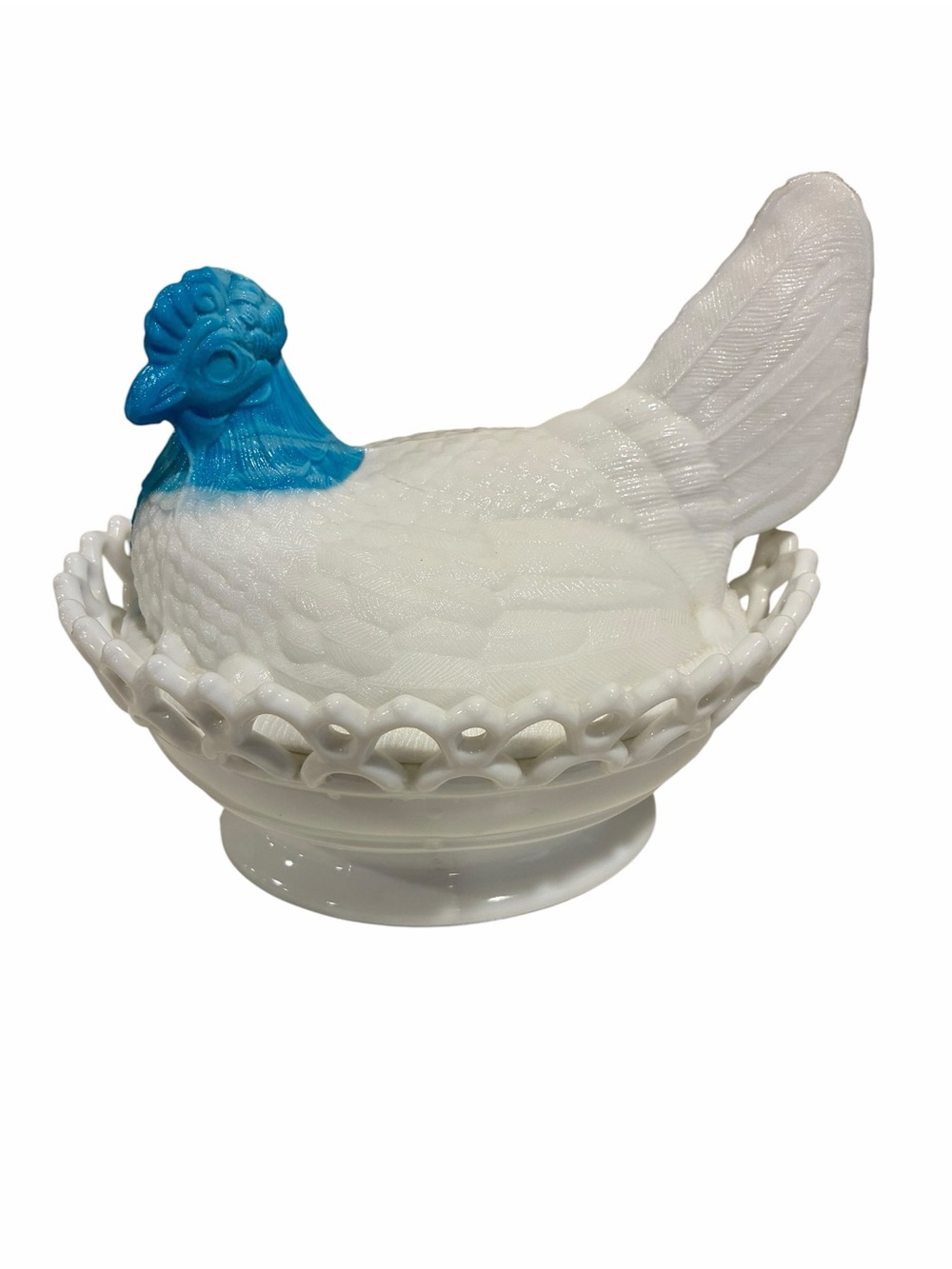 Antique Atterbury White Milk Glass Hen on Nest Dish with Blue Head Powder Blue